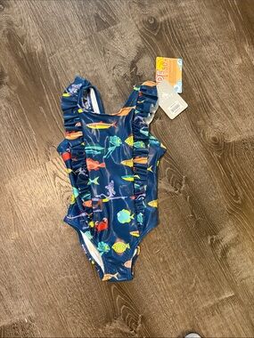 Disney Luca Navy One-Piece Swimsuit with Colorful Fish Print and Ruffle Straps